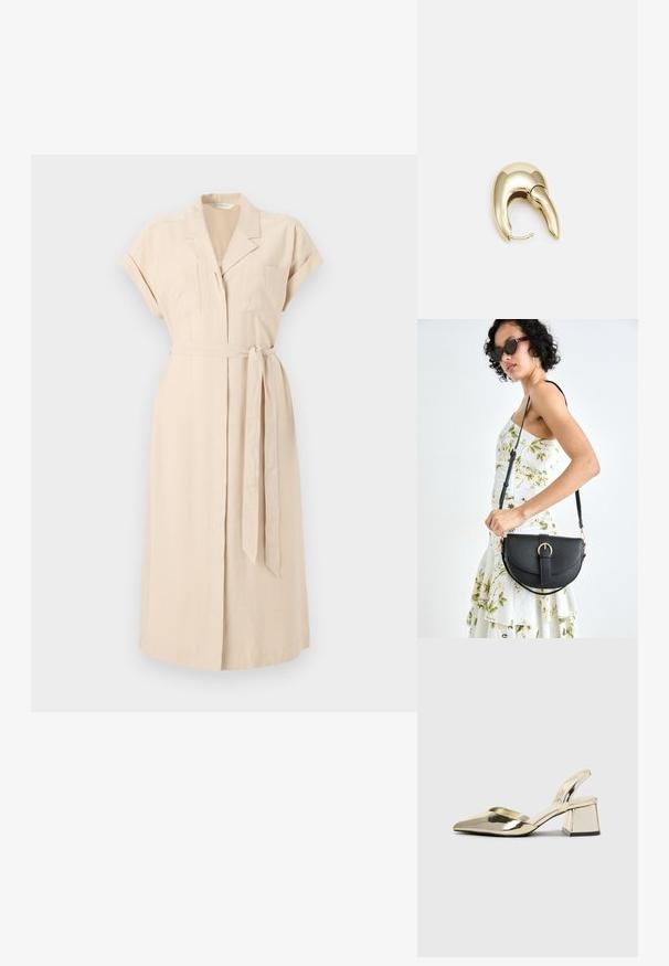 Beige skjortekjole laget av lett stoff, med krage, korte ermer, to brystlomme og midjebelt.; Gull, metallisk slingback-hæler med spiss tå og chunky hæl. Glatt tekstur, minimalistisk design og en smal stropp.; Svart lærveske med en buet form, avtagbar stropp og gullbeslag. Vesken har et klaff med spenne-detall.; Gullfarget metalløredobber med et elegant, buet design. Har en karakteristisk spiss form, polert overflate og hengsel-lukking.