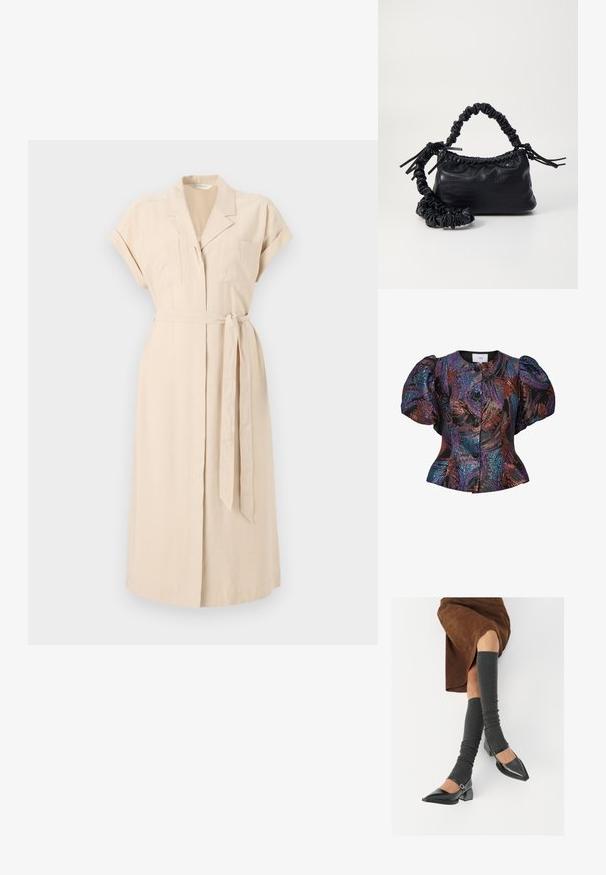 Vestido camisa bege feito de tecido leve, apresentando um decote com colarinho, mangas curtas, dois bolsos no peito e um laço na cintura.; Blusa de mangas bufantes em preto com padrões de lantejoulas multicoloridas, apresentando um colarinho redondo e fecho de botão na frente. Tecido texturizado.; Sapatos pretos de pele lacada com biqueira pontuda, salto bloco e tiras no tornozelo, combinados com caneleiras cinzas em malha e uma saia de camurça castanha.; Bolsa de mão em couro sintético preto com textura de crocodilo, topo franzido e alça enrugada. Apresenta um design suave e compacto.