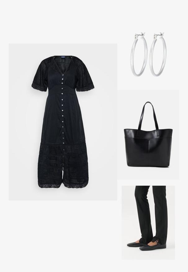 Čierne šaty s výstrihom do V, krátkymi rukávmi a zapínaním na gombíky vpredu. Obsahujú čipkovanú obrubu a vrstvené volány na leme. Ľahká, textúrovaná tkanina.; Čierne kožené baletky s špicatou špičkou, remienkom so striebornou prackou, skombinované s čiernymi strihovými nohavicami so rozparkom na leme.; Čierna kožená tote taška s dvoma dlhými rúčkami, hladkým povrchom a štruktúrovaným tvarom. Obsahuje prednú kapsu pre dodatočné uskladnenie.; Strieborné kruhové náušnice s hladkým, lesklým povrchom. Kolový tvar a bezpečné klikanie na uzatváranie. Ľahký dizajn vhodný na každodenné nosenie.