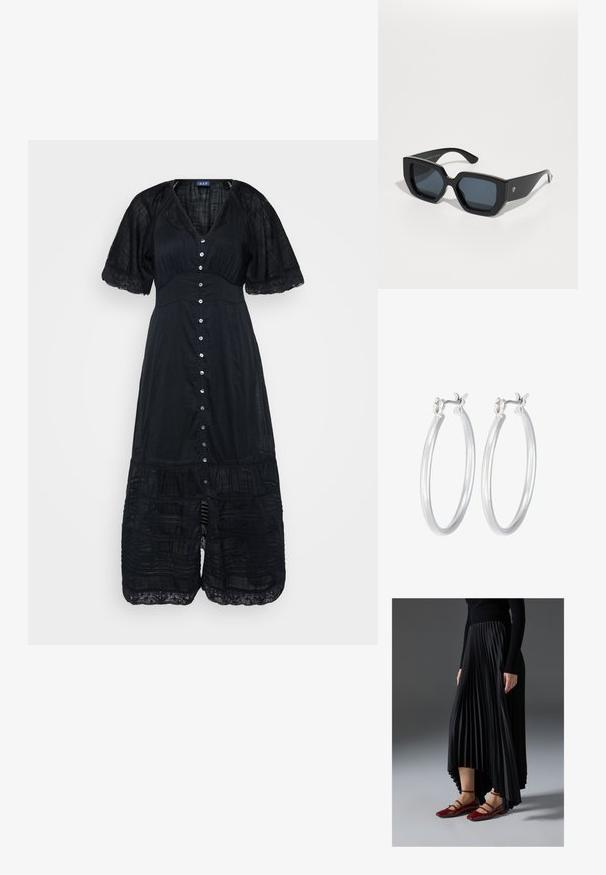 Mustaga V-kaelusega kleit, lühikeste varrukatega ja nööbiühendusega ees. Tuleb koos pitsäärise ja kihiliste volangidega all. Kerge, tekstuuriga kangas.; Mustmust seelik kõrgema ees- ja madalama taga servaga, kombineeritud läikivate punaste sussidega, millel on rihma kujundus. Kangas on sileda tekstuuriga.; Mustad ümmargused prillid, millel on geomeetriline disain, ristküliku kuju läätsed ja läikiv viimistlus. Ees pole nähtavat brändingut.; Hõbedased rõngaskõrvarõngad, millel on sile, läikiv viimistlus. Ümmargune kuju ja turvaline klõpsulatus. Kerge disain, sobib igapäevaseks kandmiseks.