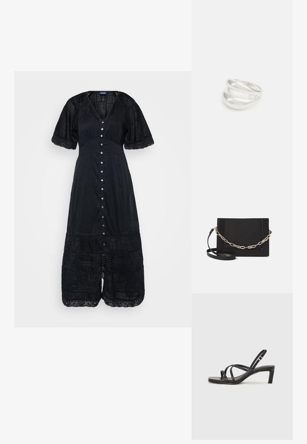 Svart klänning med V-ringning, korta ärmar och knäppning fram. Har spetsdetaljer och volanger i flera lager vid fållen. Lätt, texturerad tyg.; Svart sandaler med remmar och fyrkantig tå samt låg blockklack. Har flera tunna remmar och en justerbar ankelrem. Tillverkad av mjukt läder.; Svart läder crossbody-väska med en slät yta, rektangulär form och metallickedjedetalj på framsidan. Justerbar rem ingår.; Silver ring med dubbel band och en slät, polerad yta. Har en flödande, böjd design med överlappande sektioner för en modern stil.