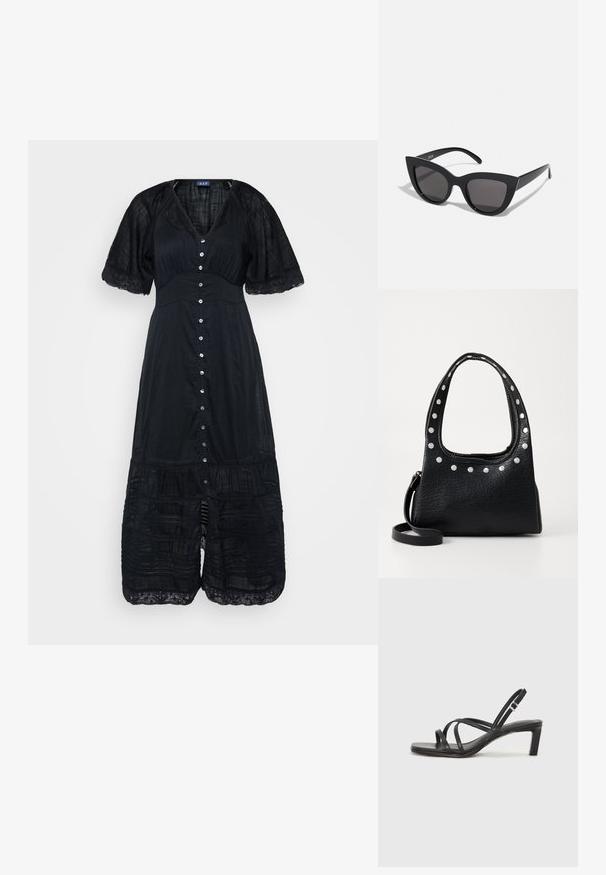 Musta mekko, jossa on V-pääntie, lyhyet hihat ja napitus edessä. Varustettu pitsireunuksella ja kerroksilla helman kohdalla. Kevyt, tekstuuroitu kangas.; Mustat hihnalligat, joissa on neliön muotoinen kärki ja matala lohkokorko. Ominaisuuksiin kuuluu useita ohuita hihnoja ja säädettävä nilkkahihna. Valmistettu sileästä nahasta.; Mustat kissansilmäaurinkolasit, joissa on matta pinta, harmaansiniset linssit, terävät kulmat ja tyylikkäät sivuvarret. Brändin nimi näkyy sisävarsissa.; Musta teksturoitu nahkalaukku hopeasomisteilla yläreunassa ja kahvoissa, jossa on lyhyt kahva ja irrotettava olkahihna.