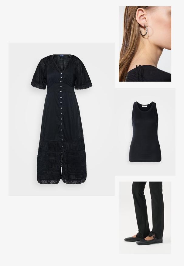 Rochie neagră cu decolteu în V, mâneci scurte și închidere cu nasturi. Prezintă dantelă la margine și volane în trepte la tiv. Material ușor, texturat.; Top negru fără mâneci, fabricat dintr-un material moale și elastic. Are un decolteu rotund și bretele late, cu o siluetă ajustată și o textură fină.; Balerini din piele neagră, cu vârf ascuțit, curea cu cataramă argintie, asortați cu pantaloni negri tailoring cu tiv despicat.; Cercel din argint cu un finisaj polișat, având detalii mici din aur și o formă rotundă, purtat pe lobul urechii.