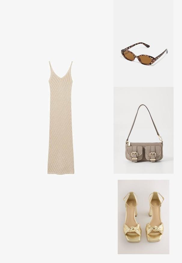 Lange, lichtbeige gebreide jurk met spaghettibandjes, met een gestructureerd diagonaal patroon en een V-halslijn. Vloerlange ontwerp.; Gouden sandalen met hakken, voorzien van een gestrikte, geplooide band, vierkante neus en enkelbandje met een metallic afwerking. Gladde textuur, blokhak.; Schildpadvormige zonnebril met ovale lenzen, bruin getint, dunne armen met een gestructureerd patroon, lichtgewicht kunststof frame.; Beige handtas met textuur, verstelbare schouderriem, twee voorvakken beveiligd met gespen en accenten van gouden hardware. Ritssluiting aan de bovenkant.