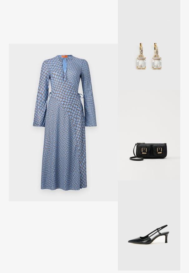 Vestido azul de manga longa com um padrão geométrico castanho, apresentando um decote em gota e laços laterais, feito de material leve.; Salto slingback em patente preta com bico apontado, apresentando um padrão de pele de cobra texturizado, tira ajustável e um salto bloco curto e texturizado.; Bolsa de ombro em couro preto com dois bolsos frontais, fivelas douradas, fecho de zíper e uma alça fina. Superfície texturizada e forma retangular compacta.; Brincos em tom de ouro com um cristal retangular claro pendurado abaixo de uma linha de pequenos acentos redondos claros. Design elegante e moderno.