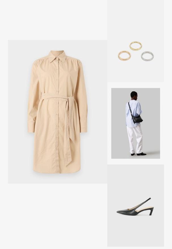 Rochie cămașă bej din bumbac, cu închidere prin nasturi, mâneci lungi, o curea la talie și pliere subtilă la umeri.; Pantof cu toc mic, cu vârf ascuțit și slingback, realizat din piele netedă, având un design decupat pe lateral pentru respirabilitate.; Geantă de umăr din piele neagră cu o textură moale, formă triunghiulară și curea ajustabilă, asortată cu o bluză cu dungi albastre deschise și pantaloni albi.; Trei inele din metal: unul roz aurie, unul auriu cu accente texturate și unul argintiu, toate cu branding gravat pe banda interioară.