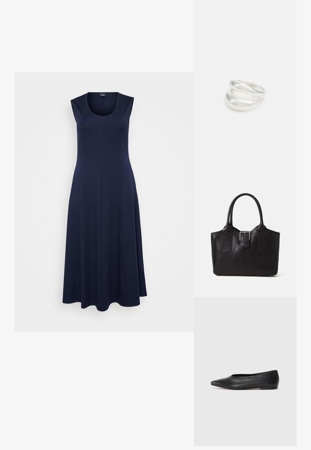 Jūras zila bezpalma kleita ar apaļu dekoltē, plūstošu siluetu un mīkstu audumu, kas izstrādāta komfortablai valkāšanai. Garums sasniedz vidus teļus.; Melna ādas baleta kurpe, ar norādītu purngalu, minimālisma dizains, gluda tekstūra, zema papēža augstums, bez redzamiem aksesuāriem vai rotājumiem.; Melnas ādas somiņa ar gludu tekstūru, strukturētu formu, divām rokturām un izteiktu sudraba sprādzi priekšpusē.; Sudraba divu joslu gredzens ar gludu, pulētu virsmu. Iezīmējas ar plūstošu, izliekta dizaina struktūru ar pārklājošām sekcijām modernam izskatam.