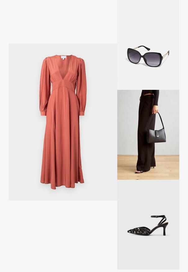 Maksi obleka iz terracotta tkanine, z globokim V-izrezom, dolgimi rokavi in A-linijsko silhueto z gladkim zaključkom in brez vidnih vzorcev.; Črne čevlje s srednjo peto in koničastim nosom, okrašene s črnimi in srebrnimi bleščicami, z ozkim paščkom okoli gležnja z zaponko.; Črne prevelike sončne očala z degradacijskimi lečami, debelimi okvirji in zlatimi verižicami na ročajih.; Črna torbica z strukturirano obliko, gladko teksturo in kovinskim zaponko. Ujemajo se z širokimi črnimi hlačami in odprtimi sandali na lesenem tleh.