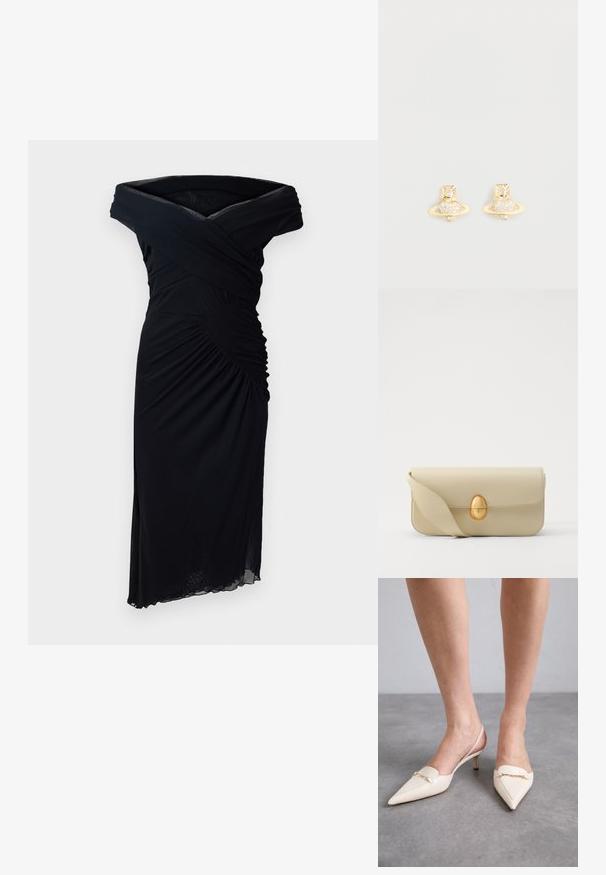 Černé šaty bez ramínek vyrobené z měkké tkaniny, s nařaseným živůtkem a asymetrickým lemem pro přiléhavý siluetu.; Krémové lodičky s špičatou špičkou a úzkým středním podpatkem, se zlatým řetízkovým detailem na nártu a hladkou koženou texturou.; Krémová kožená kabelka s hladkým povrchem, obdélníkovým tvarem a zlatým oválným uzávěrem. Disponuje dlouhým, nastavitelným popruhem.; Náušnice s pozlacenými cvoky ve tvaru Saturnu, s texturovaným páskem a vsazenými kulatými krystaly pro zvýraznění třpytu.