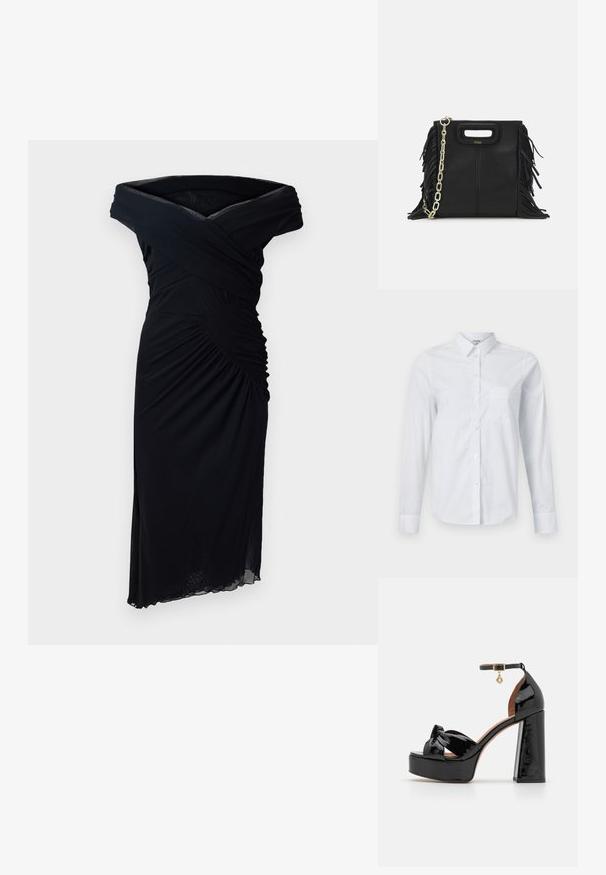 Juoda su pečiais nusmukusi suknelė, pagaminta iš minkštos medžiagos, su raukšlėta liemene ir asimetriškais kraštais, suteikianti prigludusį siluetą.; Balta ilgomis rankovėmis marška, pagaminta iš medvilnės. Su mygtukų užtrauktuku priekyje, smailiu apykakle ir krūtine kišene kairėje pusėje.; Maje Aukštakulniai sandalai - noir; Juodas odinis rankų darbo rankinys su frinzuotomis detalėmis, auksine grandinės petneša ir išpjauto dizaino rankena. Pirmoje pusėje yra logotipo vieta.