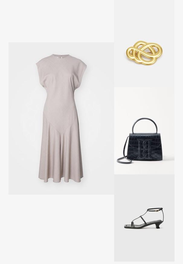 Beige ruha kerek nyakkal, rövid ujjal és fodros szegéllyel. Texturált anyagból készült, amely deréknál ferde varrás részleteket tartalmaz.; Fekete bőr szandál, négyzet alakú orral, vékony pántokkal, állítható bokapánttal és alacsony sarokkal. A pánton egy kis arany dísz található.; Fekete krokodilbőr hatású kézitáska, amelynek strukturált kialakítása van, felső fogantyúval, állítható pánttal és egy kiemelkedő elülső logó részlettel.; Arany színű brosúra, csomózott díszítéssel, sima, ívelt vonalakkal és bonyolult formával, fényes felülettel.