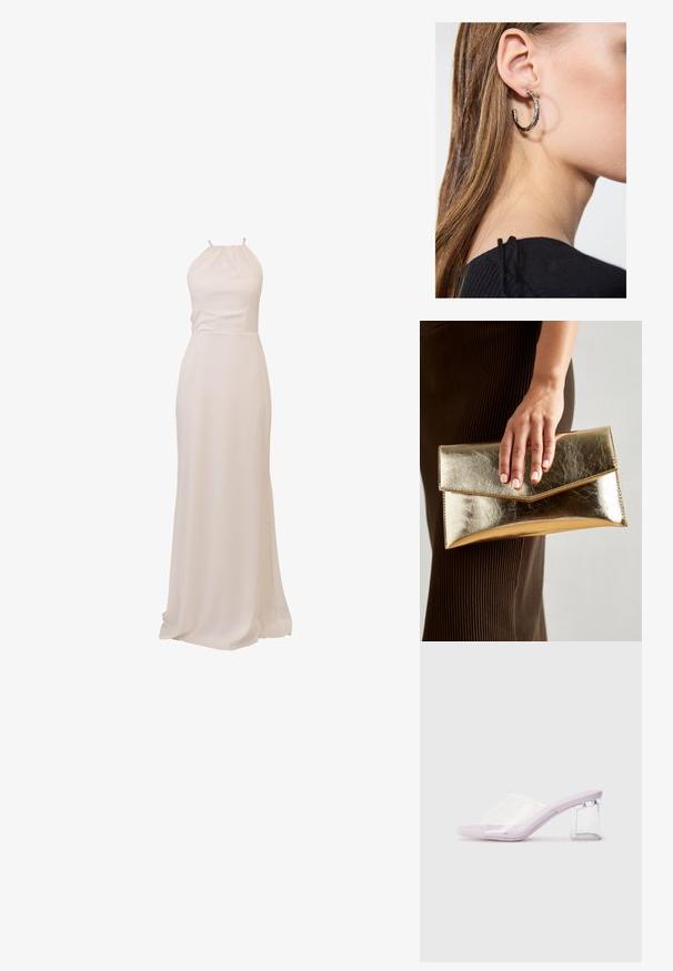 Ilgas, kaklo raišteliu sukurtas suknelė iš minkštos, grietinėlės spalvos medžiagos. Lygi tekstūra, prigludusi liemenė ir tekanti sijonas su nedideliu traukiniu. Minimalistinis dizainas.; Šviesiai violetinės aukštakulnės šlepetės su skaidriu plastikiniu priekiniu sieneliu ir permatomu blokiniu kulnu. Lygus paviršius, atviras pirštų dizainas, minimalistinė forma.; Auksinės metalinės rankinės su lygiu paviršiumi, kuri turi trikampio formos užsegimą. Ranką laikančioji turi tvarkingai prižiūrėtus nagus.; Sidabrinė lankinė auskarai su poliruotu paviršiumi, turintys mažus auksinius akcentus ir apvalią formą, dėvimi ant ausies kaušelio.