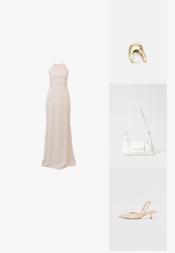 Ilgas, kaklo raišteliu sukurtas suknelė iš minkštos, grietinėlės spalvos medžiagos. Lygi tekstūra, prigludusi liemenė ir tekanti sijonas su nedideliu traukiniu. Minimalistinis dizainas.; Bežinės patentinės odos slingback kulniukai su smailiu priekiniu kraštu ir prašmatniu kvadratiniu kulnu. Lygus paviršius ir minimalizmo dizainas be puošmenų.; Balta sintetinė rankinė trikampio formos, plokščiu priekiu su užsegimu, kaspino detale, reguliuojama dirželiu, lygia tekstūra ir minimalistišku dizainu.; Aukso tono metalinės auskarai su stilingu, kreiviu dizainu. Išsiskiria ryškiu smailiu pavidalu, poliruota paviršiumi ir užsegimu su vyriu.