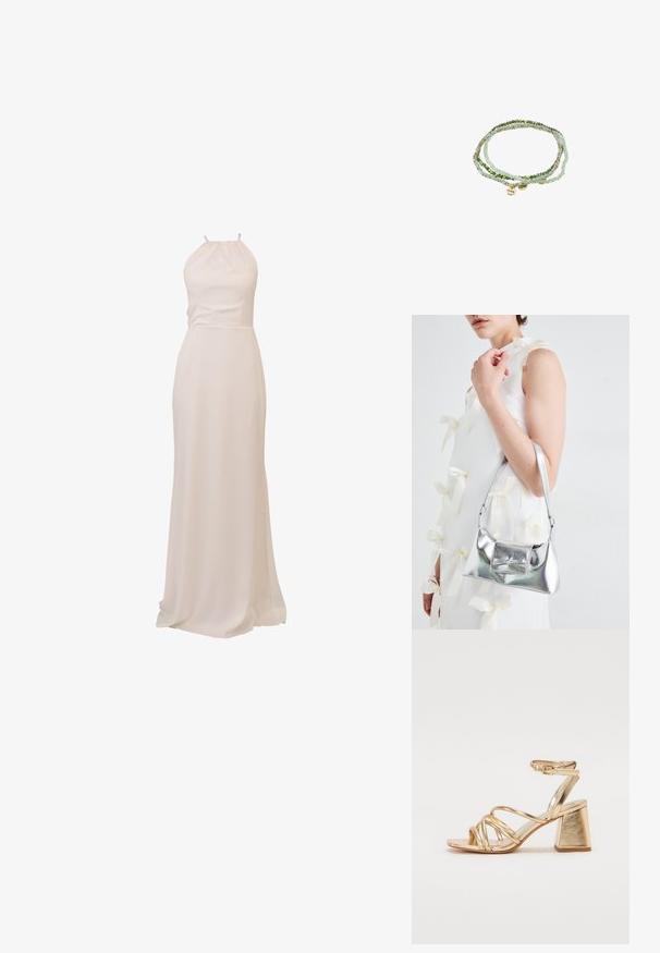 Pikk, kaeluseeliku stiilis kleit pehmest kreemivärvi kangast. Sile tekstuur, liibuv rinnaosa ja voolav seelik kerge saba koos. Minimalistlik kujundus.; Kuldne metallik kontsandaalid, millel on rihmadega disain, ruudukujuline plokkkonts ja reguleeritav pahkluu rihm klambriga. Sile tekstuur.; Hõbedane metallik käekott struktureeritud kujuga, millel on ülemine sang ja ettepoole suunatud paeladetail. Sile tekstuur, peegeldav viimistlus.; Mitmeharuline käevõru, mis on valmistatud väikestest faceted helmestest helesinises, akvamarine ja beežis, millel on kaks väikest metallist silti, millel on graveeritud "Pilgrim."