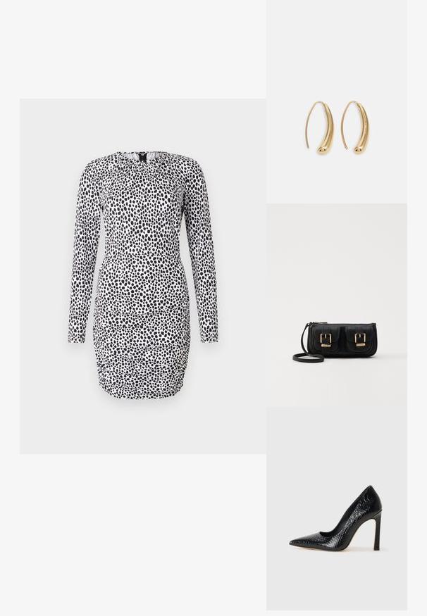 Garās piedurknes kleita melnbaltā apdrukā ar punktiņiem, ar savelktu dekoltē un pieguļošu siluetu ar drapējumu detaļām.; Melni augstpapēžu apavi ar norādītu purngalu, ar krokodila ādas tekstūru, izceļoties ar elegantu dizainu, augstu stiletto papēdi un gludu melnu interjeru.; Melnas ādas crossbody soma ar divām priekšējām kabatām, zelta sprādzēm, ar rāvējslēdzēju aizdari un šauru siksnu. Strukturēta virsma un kompakta taisnstūra forma.; Zelta toņu metāla gredzena auskari ar izliektu, pagarinātu formu. Ar gludu, spīdīgu virsma un noapaļotu galu papildu detaļām.