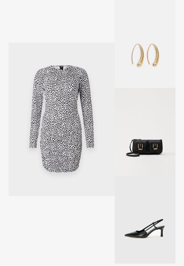 Pitkähihaisessa mekossa on musta-valkoinen läiskäkuvio, jossa on ryppyinen kaula-aukko ja tiukka siluetti rypytetyillä yksityiskohdilla.; Musta patent slingback-kiilakorko teräväkärkisellä muotoilulla, jossa on teksturoitu käärmeennahkakuosi, säädettävä remmi ja lyhyt, teksturoitu blokkiheel.; Musta nahkainen olkalaukku, jossa on kaksi etutaskua, kultaiset soljet, vetoketjukiinnitys ja kapea hihna. Teksturoidun pinnan ja kompaktin suorakaiteen muoto.; Korvakorut kultasävytteistä metallista, joissa on kaareva, pitkänomainen muoto. Ominaisuuksiin kuuluu sileä, kiiltävä pinta ja pyöreä kärki lisäyksinä.