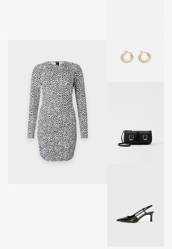 Long-sleeve dress in a black and white spotted pattern, featuring a gathered neckline and a fitted silhouette with ruched detailing.; Black patent slingback heel with a pointed toe, featuring textured snake print, adjustable strap, and a short, textured block heel.; Black leather crossbody bag with two front pockets, gold buckles, zipper closure, and a slim strap. Textured surface and compact rectangular shape.; Lauren Ralph Lauren BASIC SMALL HOOP - Earrings - gold-coloured