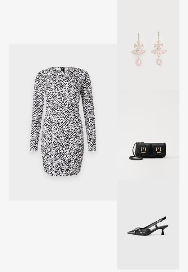 Hosszú ujjú ruha fekete-fehér pöttyös mintával, fodros nyakkivágással és fitted sziluettel, ráncolt részletekkel.; Fekete bőr slingback cipő hegyes orral, dekoratív pántokkal, fém szemekkel és alacsony blokk sarkú. Texturált felület.; Fekete bőr keresztbody táska két elülső zsebbel, arany csattokkal, cipzáras záródással és vékony pánttal. Textúrált felület és kompakt téglalap alak.; Rózsaszín drágakő fülbevalók masni mintával, réteges szerkezettel és csillogó díszítéssel; a fém alkatrészek megőrzik a fényes felületet.
