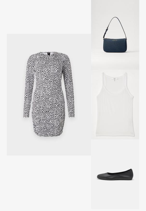Langärmliges Kleid mit einem schwarz-weißen gepunkteten Muster, das eine geraffte Halslinie und eine figurbetonte Silhouette mit Raffungselementen aufweist.; Weißes ärmelloses Tanktop aus weichem, geripptem Stoff; hat dünne Träger und einen runden Halsausschnitt, das Etikett trägt die Aufschrift "FRAME."; Schwarze Leder-Ballettschuhe mit abgerundeter Spitze, glatter Textur, minimalen Nähdetails und einem flexiblen Sohlen-Design.; Navyblaues synthetisches Lederhandtasche mit goldfarbenem Logo, Reißverschluss und verstellbarem Schultergurt, mit einer glatten Textur und rechteckiger Form.