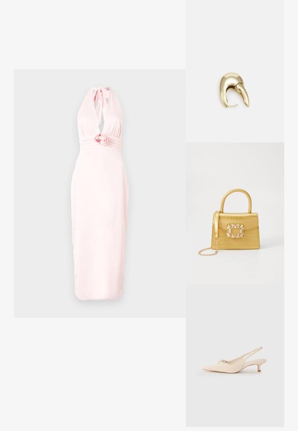 Pale pink halter dress made of smooth fabric, featuring a deep V-neck, gathered waist with a rose detail, and a form-fitting silhouette.; Pointed-toe slingback shoes in off-white leather, featuring a small bow detail and a low kitten heel. Smooth texture, minimalist design.; Yellow faux-crocodile handbag with a structured design, top handle, detachable chain strap, and decorative crystal embellishment on the clasp.; Gold-tone metal earring with a sleek, curved design. Features a distinctive pointed shape, polished surface, and hinge closure.