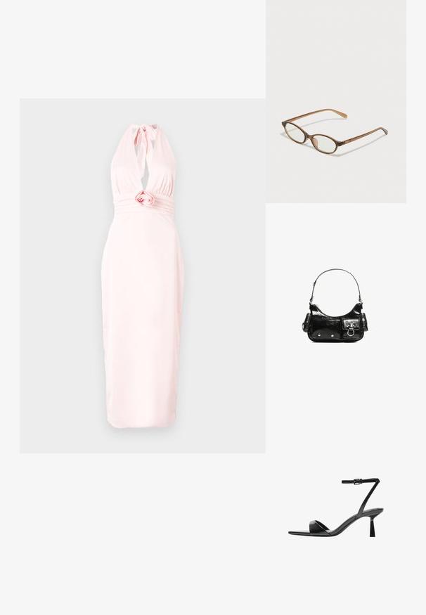 Bledě růžové halter šaty vyrobené z hladkého materiálu, s hlubokým výstřihem do V, nařaseným pasem se vzorem růže a přiléhavým střihem.; Bershka Sandály na vysokém podpatku - black; Hnědé želvovinové brýle s oválnými skly, tenkými bočními nohami a průhlednými akcenty. Obsahují decentní logo na stranu. Elegantní, lehký design.; Černá lakovaná kožená kabelka s křivkovým tvarem, jedním ramenním popruhem, předními kapsami a stříbrnými kovovými detaily.