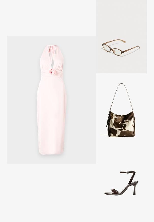 Bledě růžové halter šaty vyrobené z hladkého materiálu, s hlubokým výstřihem do V, nařaseným pasem se vzorem růže a přiléhavým střihem.; Hnědé lakované kožené sandály na vysokém podpatku s páskem kolem kotníku, otevřenou špičkou a elegantním, minimalistickým designem. Obsahují čtvercový podpatek.; Hnědé želvovinové brýle s oválnými skly, tenkými bočními nohami a průhlednými akcenty. Obsahují decentní logo na stranu. Elegantní, lehký design.; Hnědá a krémová kravská kůže ramenní taška s hladkým koženým popruhem, zipovým uzavřením a jemným, texturovaným povrchem s přírodním vzorem.