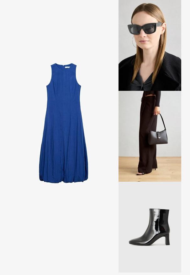 Rochie bleu fără mâneci cu guler înalt, dintr-un material texturat, cu formă în A. Are un fermoar la spate și o margine inferioară plisată.; Botine negre din piele lacuită, cu vârful ascuțit și toc bloc de înălțime medie. Textură netedă și design minimalist.; Ochelari de soare negri tip cat-eye cu lentile întunecate, rame groase și accente subtile. Purtați cu o haină neagră și un top gri, având părul lung și drept.; Genți negre cu o formă structurată, textură netedă și un închizător metalic. Asortată cu pantaloni negri largi și sandale cu vârf deschis pe un podea din lemn.