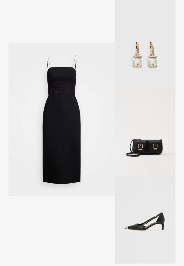 Črna midi obleka iz gladkega materiala, ki ima prilegače telo z tankimi naramnicami in šivi na pasu.; Črni usnjeni čevelj z rahlo peto, z ostro srebrno konico in dvema paščkoma z zaponkama na belem ozadju.; Črna usnjena torbica čez ramo z dvema sprednjima žepoma, zlatimi zaponkami, zadrgo in ozkim pasom. Tekstura površine je strukturirana, obliko pa ima kompaktno pravokotno.; Zlato obarvani uhani, ki vsebujejo pravokoten, prozoren kristal, obešen pod vrsto majhnih, okroglih prozornih dodatkov. Elegantna, moderna zasnova.