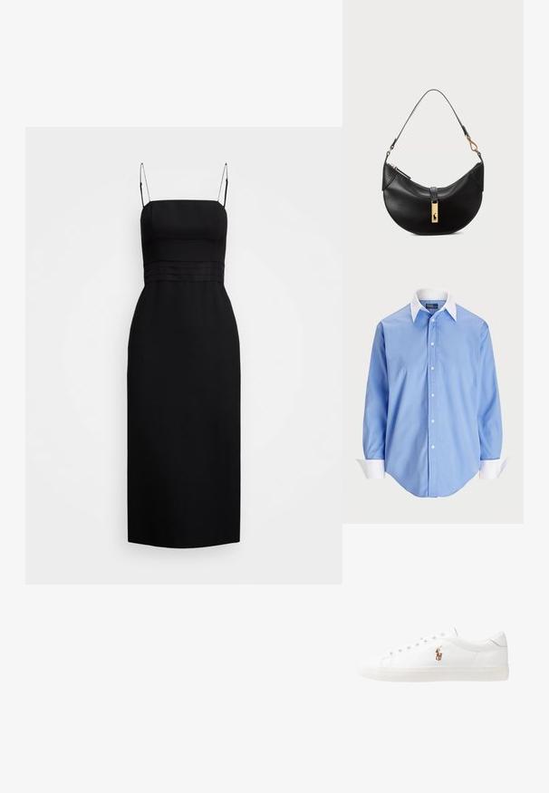 Černé midi šaty vyrobené z hladkého materiálu, s přiléhavým korzetem, tenkými ramínky a švy na úrovni pasu.; Svetle modrá košile na knoflíky s dlouhými rukávy a bílým kontrastním límcem. Vyznačuje se hladkou texturou a pěti předními knoflíky.; Bílé kožené tenisky, nízký střih, s hladkým povrchem, kulatou špičkou, šněrováním v přední části a malým vyšitým logem na boku.; Černá kožená kabelka ve tvaru půlměsíce. Obsahuje zlaté kovové detaily a úzký popruh. Hladký povrch, zapínání na zip na vrchu.