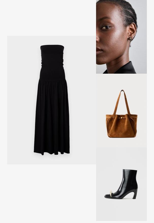 Crna maksi haljina bez naramenica od mekog, rastezljivog materijala. Prilagođeno tijelo s nabranu suknjom, lepršavim materijalom i glatkom teksturom.; Crne gležnjače od sjajne kože, s šiljatim vrhom i dekorativnim zlatnim i srebrnim elementom sprijeda. Dizajn s blok petom.; Smešnjak smeđi toaletni torba s dvostrukim ručkama, trakama za zakopčavanje i ležernim, blago opuštenim oblikom.; Zlatne cvjetne naušnice sa teksturiranim crnim središtem i delikatnim detaljima. Na profilu su vidljive modelove bistre kože i pletena kosa.