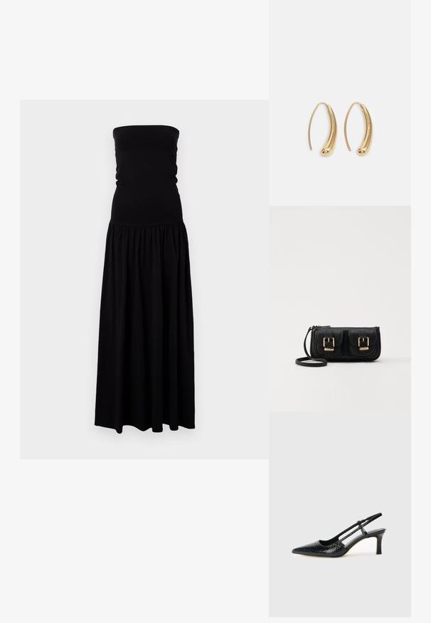 Černé maxi šaty bez ramínek vyrobené z měkké, elastické tkaniny. Přiléhavé tělo s nařasenou sukní, splývavá látka a hladká textura.; Černé lakované slingback podpatky s špičatou špičkou, zdobené texturovaným hadím vzorem, nastavovacím páskem a krátkým texturovaným blokovým podpatkem.; Černá kožená crossbody taška se dvěma předními kapsami, zlatými přezkami, zipovým uzávěrem a štíhlým popruhem. Texturovaný povrch a kompaktní obdélníkový tvar.; Náušnice ve tvaru kruhu z pozlaceného kovu s vroubkovaným, prodlouženým tvarem. Mají hladký, lesklý povrch a zaoblený konec pro zvýraznění detailu.