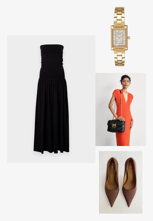 Czarna, bezramienna sukienka maxi wykonana z miękkiego, elastycznego materiału. Dopasowany krój z marszczoną spódnicą, płynący materiał i gładka faktura.; Brązowe satynowe szpilki z wydłużonym noskiem o gładkiej fakturze, z niskim wcięciem oraz subtelnym logo na wkładce. Rozmiar 6½ (40).; Czarna skórzana torebka o pikowanej konstrukcji z złotymi elementami, z dekoracyjnym zapięciem. Torebka ma łańcuszkowy pasek i jest trzymana w dłoni.; Złoty prostokątny zegarek na nadgarstek z białą tarczą, srebrnymi znacznikami godzin i wytrzymałym metalowym bransoletą. Wbudowana funkcja wodoodporna.