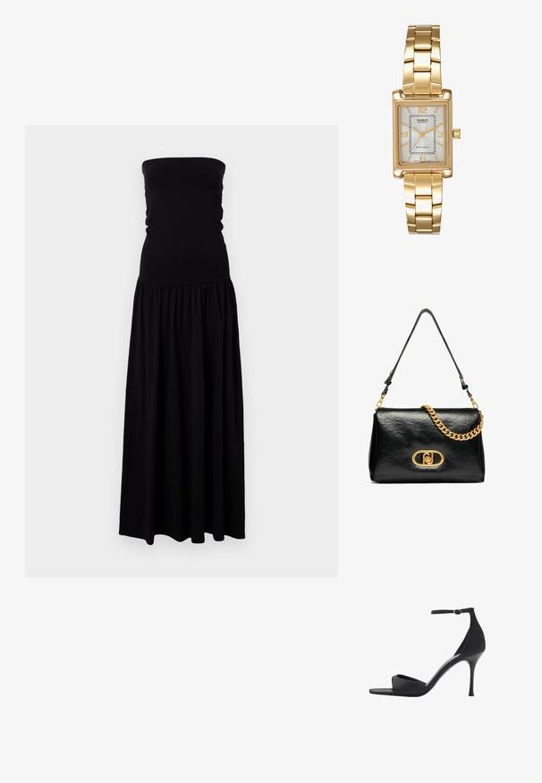 Čierne maxi šaty bez ramienok vyrobené z mäkkej, elastickej látky. Úzky strih so zberanou sukňou, prúdiaca látka a hladká textúra.; Mango Sandále na vysokom opätku - black; Čierna kožená taška cez rameno s pokrčenou textúrou, zlatým reťazovým akcentom a výrazným zlatým uzáverom s oválnym logom. Nastaviteľný ramenný popruh.; Zlatý obdĺžnikový náramkový hodinky s bielym ciferníkom, striebornými indexmi a odolným kovovým náramkom. Obsahuje vodoodolnú funkciu.