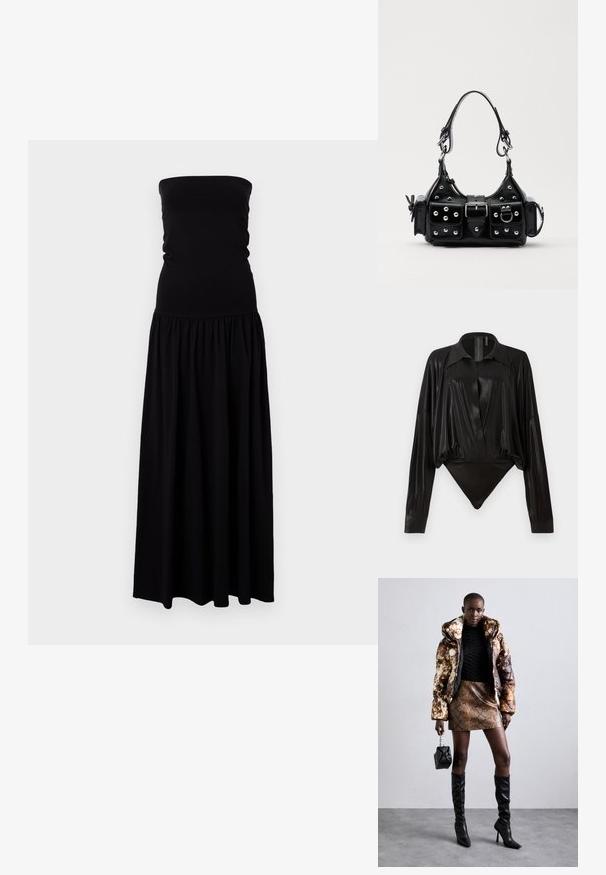 Musta olkaimeton maksimekko, joka on valmistettu pehmeästä ja joustavasta kankaasta. Tiukka vartalo-osuus, kerätty hame, virtaava kangas ja sileä rakenne.; Musta catsuit pitkillä hihoilla, V-pääntiellä ja tiukalla siluetilla. Valmistettu kiiltävästä, sileästä kankaasta, jossa on jämäkkä kaulus ja hihansuut.; Puffer-takki ruskealla ja mustalla kuviolla, yhdistettynä ruskeaan käärmeennahkakuosiseksi mini-hameeseen, mustiin polvimittaisiin saappaisiin ja pieneen mustaan laukkuun.; Musta nahkainen käsilaukku, jossa on kaareva muotoilu, hopeiset niitit, solki ja kaksi sivutaskua. Säädettävä olkahihna erilaisiin kantovaihtoehtoihin.