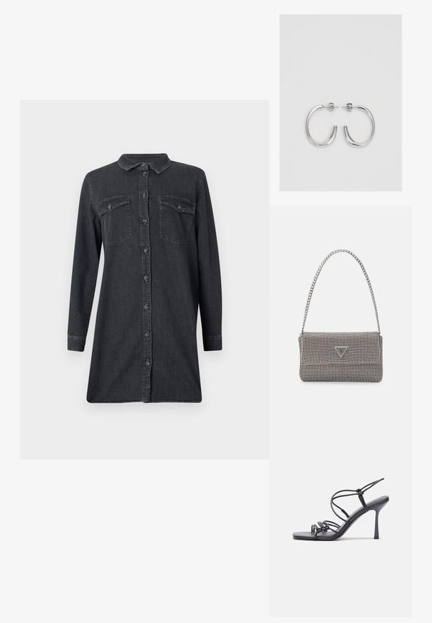 Rochie din denim închis, cu mâneci lungi, guler și două buzunare la piept. Dispune de o închidere cu nasturi în față și croi drept.; Sandale negre cu toc înalt au curele subțiri cu un design legat, un vârf pătrat neted și un toc stiletto elegant.; Geantă metalică gri deschis, cu un strap din lanț, decorată cu mici ținte circulare metalice și un logo de marcă triangular.; Cercei creole din argint cu suprafață netedă și lucioasă, având o formă curbată și închidere cu tija. Design minimalist cu un finisaj modern.