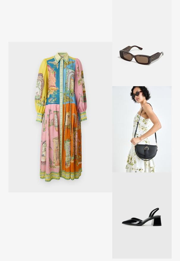 Kolorowa długa sukienka z różnorodnymi wzorami w odcieniach niebieskiego, różowego, pomarańczowego i żółtego, z zapinanym przodem i wiązaniem w talii. Elegancka, teksturowana tkanina.; Czarne lakierowane półbuty na obcasie z wydłużonym noskiem i geometrycznym słupkiem. Charakteryzują się eleganckim, minimalistycznym designem oraz gładką fakturą.; Okulary przeciwsłoneczne Gucci z prostokątnymi brązowymi soczewkami, oprawą z akrylu w stylu żółwia oraz złotymi detalami logo na zausznikach.; Czarna skórzana torebka o zakrzywionym kształcie, z odpinanym paskiem i złotymi akcentami. Torebka posiada klapę z zapięciem w kształcie klamry.