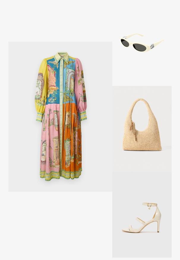 Rochie lungă colorată, cu o varietate de modele în nuanțe de albastru, roz, portocaliu și galben, cu încercuire frontală cu nasturi și talie legată. Material elegant, texturat.; Sandale cu toc înalt bej, cu curea subțire la gleznă și două curele superioare. Finisaj lucios din patent și detalii din metal auriu pe cureaua de la gleznă.; Ochelari de soare de culoare crem, cu lentile ovale, nuanță neagră și accente metalice cu logo la temple. Textură netedă, design tip cat-eye.; Geantă țesută bej cu un mâner curbat, suprafață texturată și un detaliu de franjuri maroniu. Prezintă o formă moale, de tip hobo.