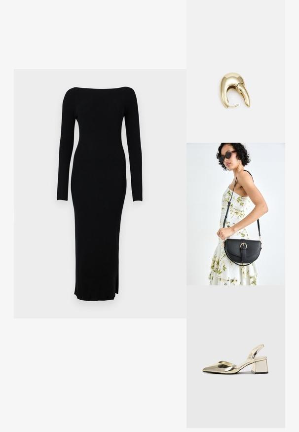 Fekete bordázott kötött ruha hosszú ujjakkal, váll nélküli nyakkivágással és oldalsó részekkel a szegélyen. Testhez álló szabás sima textúrával.; Arany, fémből készült slingback sarkú cipők hegyes orral és vastag sarokkal. Simaság, minimalista design és keskeny pánt jellemzi.; Fekete bőrtáska ívelt formával, levehető pánttal és arany színű fémrészekkel. A táskán egy csattal díszített fedél található.; Aranyszínű fém fülbevaló, elegáns, ívelt formával. Különleges hegyes alak, fényes felszín és zsanéros záródás jellemzi.