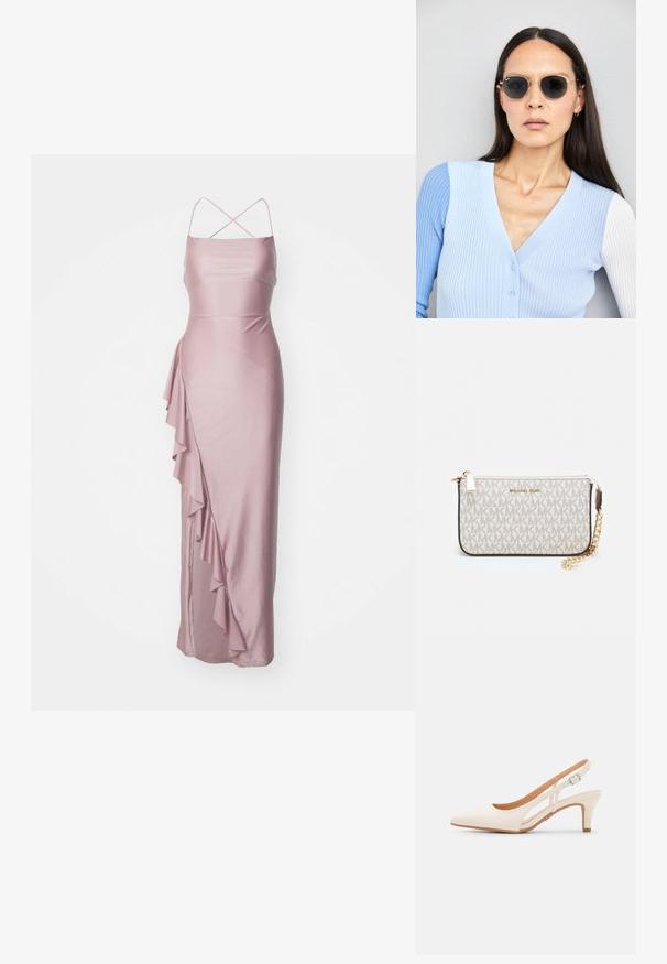 Ilga, prigludusi rožinė satino suknelė su spageti petnešėlėmis, šoniniu volanu ir lygia tekstūra. Klasikinis dizainas oficialiam renginiui.; Balti slingback kulniukai su smailiu pirštu, lygia viršutine medžiaga, žemu blokuotu kulnu ir šoniniu išpjovimu su reguliuojamu sagtimi.; Apskriti saulės akiniai su tamsiais objektyvais ir auksiniais rėmeliais. Modelis vilki šviesiai mėlyną, raukinį kardiganą su mygtukais ir kontrastingomis baltomis rankovėmis.; Michael Kors rankinė smėlio spalvos dengto kanvoje su pakartotiniu MK logotipo raštu, auksinėmis detalėmis ir nuimamu grandininiu dirželiu.