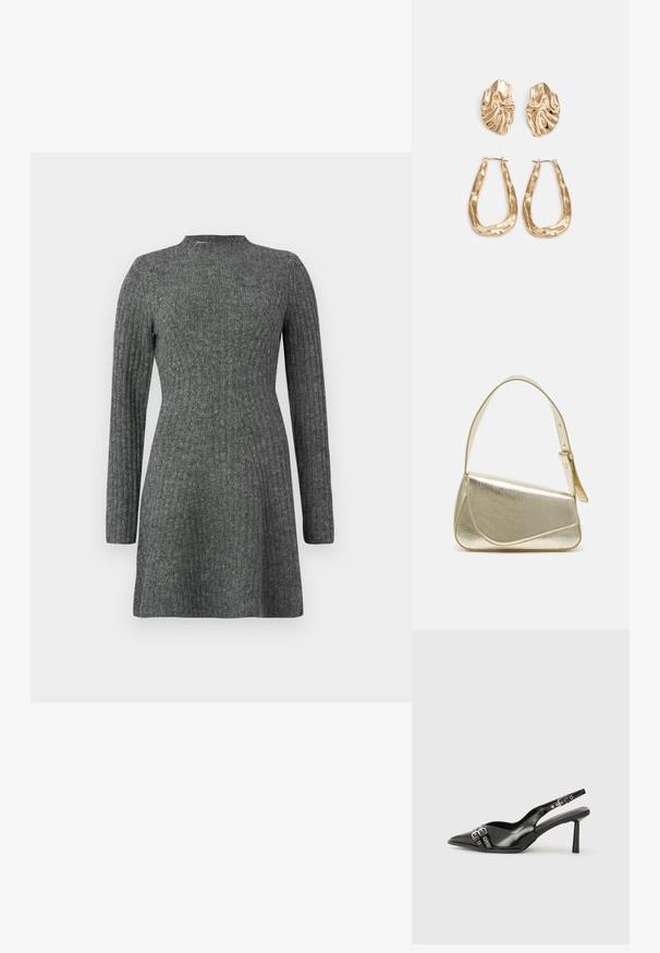 Ριγέ, φόρεμα μέχρι το γόνατο σε σκούρο γκρι χρώμα με μακριά μανίκια και ψηλό γιακά, κατασκευασμένο από μαλακό, υφαντό ύφασμα.; Μαύρο παπούτσι slingback από πατέντο δέρμα με μυτερή μύτη, λουράκια στον αστράγαλο που διαθέτουν ασημένιες αγκράφες και μεταλλικά στοιχεία, και λεπτό τακούνι.; Χρυσή μεταλλική τσάντα χειρός με δομημένο σχέδιο, λεία υφή και ρυθμιζόμενο λουρί. Διαθέτει μοναδικό τριγωνικό σχήμα και μινιμαλιστική ραφή.; Χρυσά σκουλαρίκια με υφή, κυματιστά σχήματα. Περιλαμβάνουν γλυπτικά κλιπ-σε σκουλαρίκια και σχέδιο ανοιχτού σκουλαρικιού με σφυρήλατη επιφάνεια.