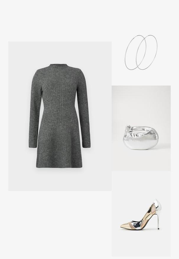 Žebrované šaty ke kolenům v tmavě šedé barvě s dlouhými rukávy a vysokým výstřihem, vyrobené z měkké, strukturované látky.; Lodička s špičatou špičkou a kombinací stříbrné, zlaté a tělové barvy. Lesklý povrch s vykrojeným designem, s jehlovým podpatkem.; Stříbrná kovová taška s měkkým, zaobleným tvarem a uzávěrem s uzlem. Vyrobena z hladké umělé kůže.; Stříbrné kruhové náušnice s minimalistickým designem. Kruh, hladký povrch a tenký profil. Lehká konstrukce s lesklým povrchem.