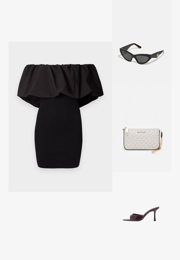 Černé šaty bez ramínek s volánkovým výstřihem, přiléhavým tělem, pletenou strukturou a jednolitou barvou.; Bordeaux vysoké podpatky muly se čtveratou špičkou, vyrobené z hladké kůže. Vyznačují se elegantním, minimalistickým designem a zúženým podpatkem.; Sunglasses ve tvaru kočičích očí s matným černým plastovým rámem, tmavými skly a zlatým logem na stranu. Úhlový design a hladká textura.; Kabelka na zápěstí Michael Kors v béžové potažené plátno s opakujícím se vzorem loga MK, zlatými kovovými doplňky a odnímatelným řetízkovým popruhem.