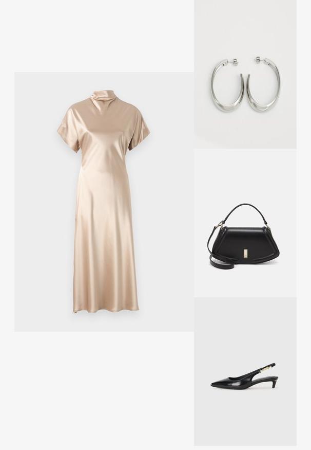 Malina ALIVIA MIDI - Cocktail φόρεμα / Φόρεμα για πάρτι - champagne; Μαύρες δερμάτινες γόβες slingback με μυτερή μύτη, διαθέτοντας λεπτό τακούνι και χρυσή λεπτομέρεια στην ρυθμιζόμενη λωρίδα. Λείος υφές.; Μαύρη δερμάτινη τσάντα με δομημένο σχέδιο, που διαθέτει κομμένο σχήμα, επάνω λαβή και χρυσά μεταλλικά στοιχεία. Περιλαμβάνει ρυθμιζόμενο λουρί ώμου.; Ασημένια σκουλαρίκια κρίκοι με μαλακή, καμπυλωτή σχεδίαση. Διαθέτουν γυαλιστερή μεταλλική υφή και κλείσιμο με σφίγγα. Χωρίς ορατά μοτίβα ή διακοσμήσεις.
