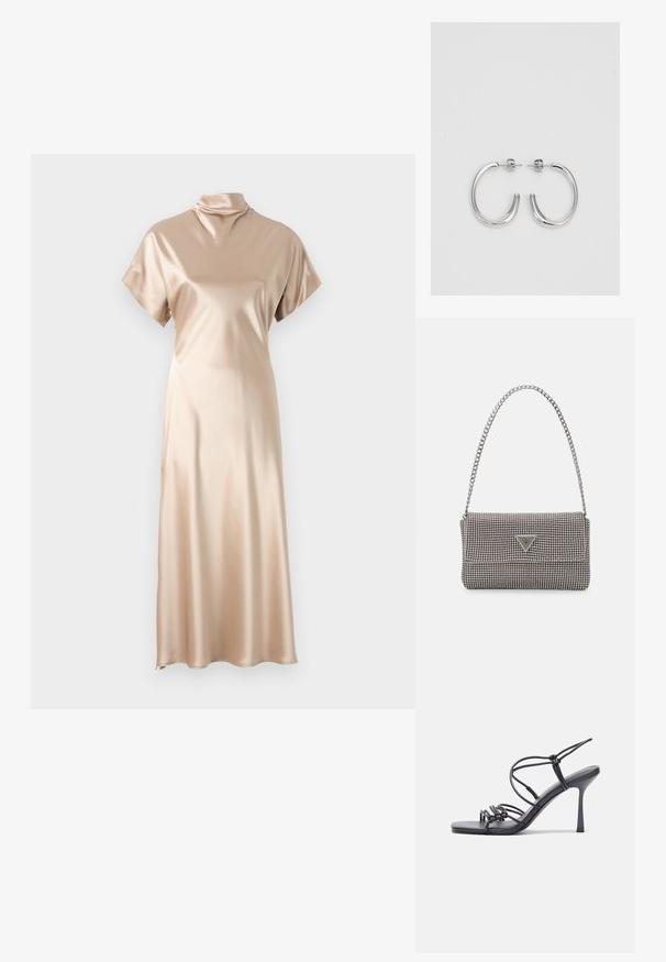 Malina ALIVIA MIDI - Kokteilinė suknelė / vakarėlių suknelė - champagne; Juodos aukštakulnės sandalai pasižymi plonyčiais dirželiais su mazgo dizainu, lygiu kvadratiniu pirštu ir elegantišku stiletto kulnu.; Šviesiai pilka metalinė rankinė su grandinėlės dirželiu, papuošta mažais apvaliais metaliniais smeigėmis ir trikampiu prekės ženklu.; Sidabrinės auskarai žiedai su lygiu, blizgiu paviršiumi. Suapvalinta forma, lengvas dizainas, su uždarymu ant smeigtuko.
