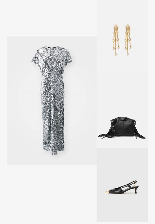 Sølvfarvet palietkjole med korte ærmer, rund halsudskæring og lige silhuet. Teksturen er skinnende og reflekterende.; Sort læderslingback sko med spids tå og guldmetal hætte. Har udskæringsdesign og en slank hæl med justerbar rem.; Maje MISS MINI - Skuldertasker - noir; Guldtonede øreringe med flere kaskadende kæder, der har klare ovale rhinestein-accenter og dekorative studtoppe.