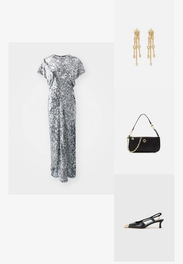 Ασημένιο φόρεμα με παγιέτες, μακριά, με κοντά μανίκια, στρογγυλή λαιμόκοψη και ίσια γραμμή. Η υφή είναι λαμπερή και ανακλαστική.; Μαύρο δερμάτινο παπούτσι slingback με μυτερή μύτη και χρυσό μεταλλικό καπάκι. Διαθέτει σχέδιο κοπής και λεπτό τακούνι με ρυθμιζόμενο λουράκι.; Μαύρη τσάντα χειρός με λεία υφή, διαθέτει χρυσή αλυσίδα για λουρί, κλείσιμο με φερμουάρ και διακοσμητικό χρυσό έμβλημα στο μπροστινό μέρος.; Χρυσές σκουλαρίκια με πολλαπλές καταρρακτώδεις αλυσίδες, διακοσμημένα με διαφανείς ωοειδείς ρινοστάτες και διακοσμητικές βάσεις.