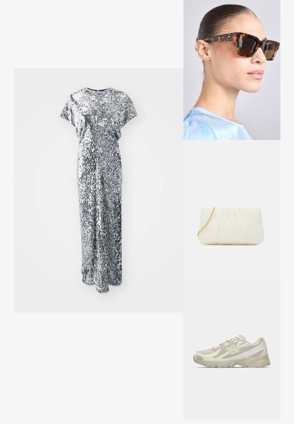 Srebrna sukienka z cekinami, długa, z krótkimi rękawami, okrągłym dekoltem i prostym krojem. Tekstura jest błyszcząca i odbijająca światło.; Lekki obuwie sportowe z siateczkowym wierzchem w odcieniach beżu i kremu, z wyraźnym logo "N", amortyzującą podeszwą oraz teksturowanymi akcentami.; Okulary przeciwsłoneczne w kolorze żółwim z masywną, prostokątną oprawką. Ciemne soczewki i złote akcenty na zausznikach. Gładkie, błyszczące wykończenie.; Biała torebka kopertowa o teksturowej powierzchni z marszczeniem, z złotym łańcuszkiem. Gładkie wykończenie z delikatnymi falami i zaokrąglonymi krawędziami.; Skręcone srebrne kolczyki w formie obręczy o błyszczącym wykończeniu, z plecioną teksturą i pewnym zapięciem.