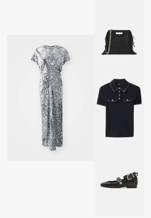Sidabrinė blizgi suknelė ilgomis rankovėmis, su apvaliu iškirpimu ir tiesia siluetu. Tekstūra blizgi ir atspindinti.; Jūros mėlynos spalvos šonkaityta polo marškinėliai su smailiu apykakle, trumpomis rankovėmis ir dviem priekinėmis kišenėmis su šonu užsegamais mygtukais; išryškinti baltais siūlų akcentais.; Juodas lakinės odos plokščias batelis su kvadratiniu pirštu, kulkšnies dirželiu su sidabro detalėmis ir plokščiu padu. Sklandus paviršius su minimalistišku dizainu.; Juodas odinis rankų darbo rankinys su frinzuotomis detalėmis, auksine grandinės petneša ir išpjauto dizaino rankena. Pirmoje pusėje yra logotipo vieta.