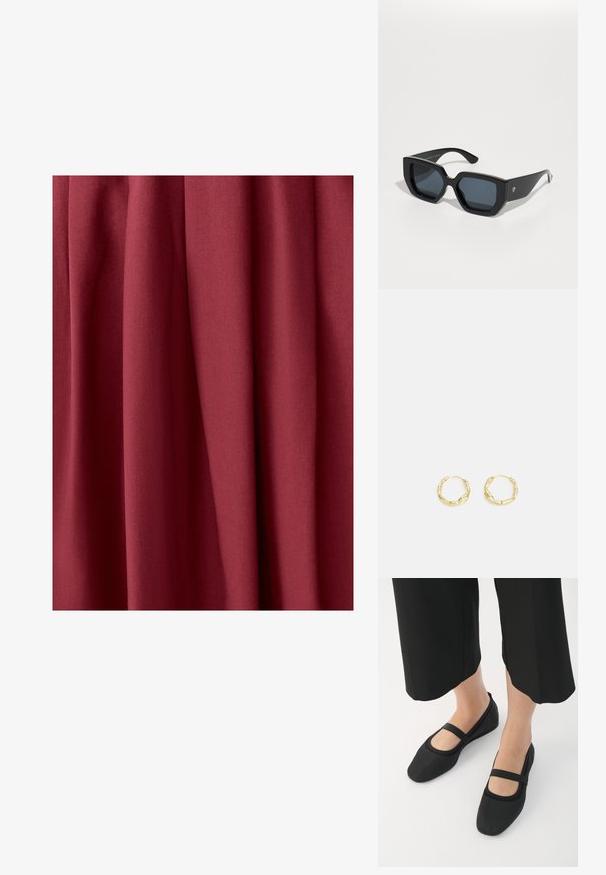 Burgundia värvitud kangas pehmete tekstuuride ja visuaalse langevusega, millel on peened voldid ja sile viimistlus, sobiv riiete või polstri jaoks.; Sile mustad kingad siledast materjalist, ümmarguse ninaga ja kontrastse rihmaga üle säärt. Lame tald, minimalistik disain.; Mustad ümmargused prillid, millel on geomeetriline disain, ristküliku kuju läätsed ja läikiv viimistlus. Ees pole nähtavat brändingut.; Kuldsed rõngakujulised kõrvarõngad, millel on tekstuuriga ebaühtlane pind. Omavad kergesti kantavat disaini ja ringikujulist vormi, sobivad igapäevaseks kandmiseks.