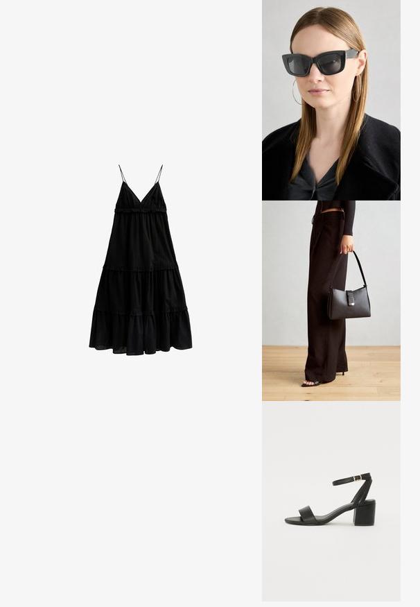 Svart tredelad klänning i lätt tyg med V-ringning, tunna remmar och volangdetaljer över tre lager.; Svart klacksandals med en slät läderöverdel, öppen tå, breda framremmar och justerbart ankelband med en guldfärgad spänne.; Svarta katterformade solglasögon med mörka linser, tjocka bågar och subtila detaljer. Bärs tillsammans med en svart kappa och en grå topp, med långt rakt hår.; Svart handväska med strukturerad form, slät yta och metallspänne. Matchad med vida svarta byxor och sandaler med öppen tå på trägolv.